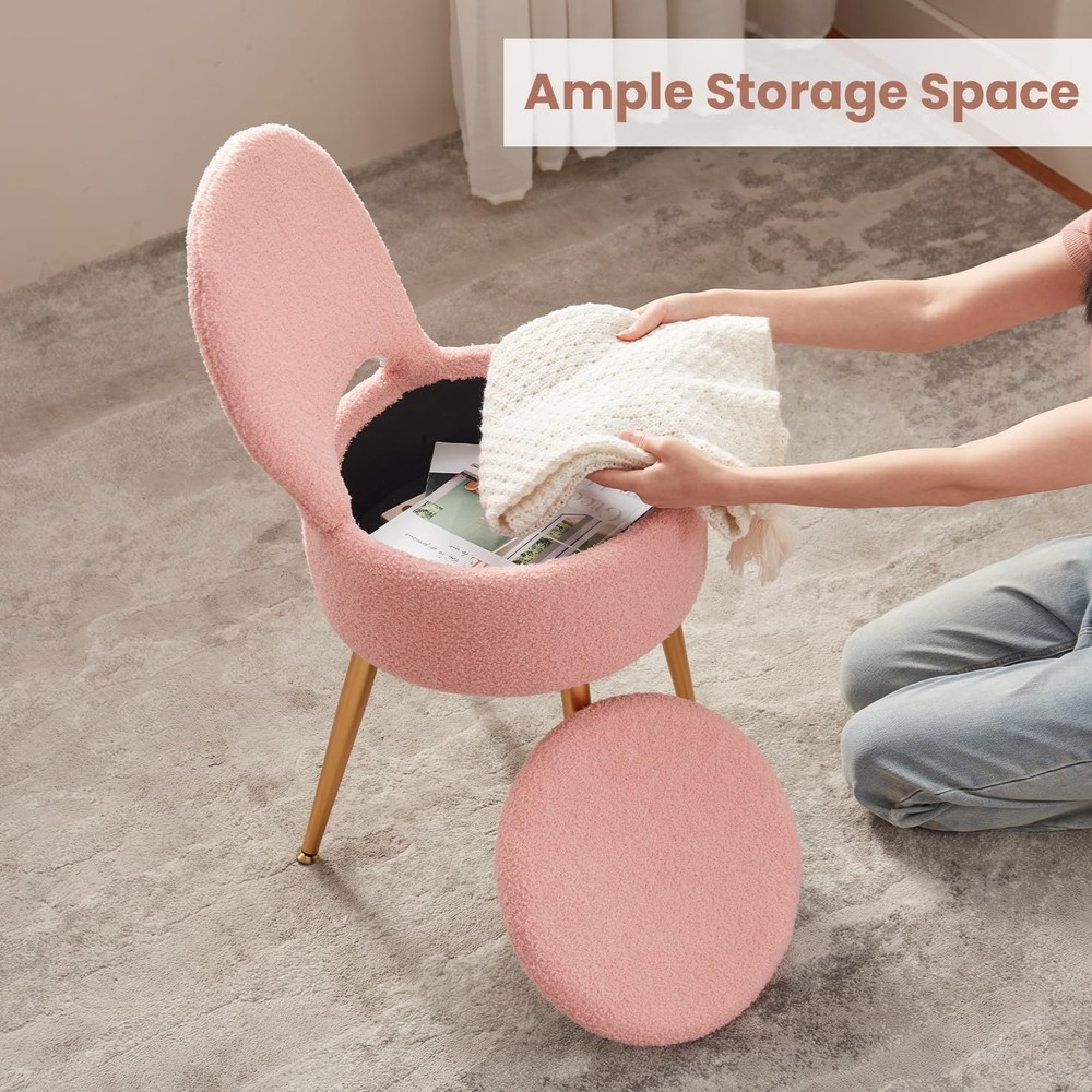 ZYKZYK Small Vanity Stool Chair with Storage and Folding Back,4 Metal Legs wi...