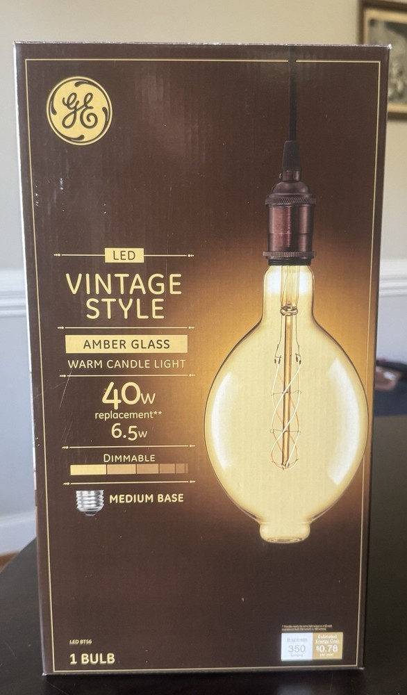 GE Large Vintage LED Amber Glass Light Bulb, 2000K E26 Dimmable, Decorative BT56