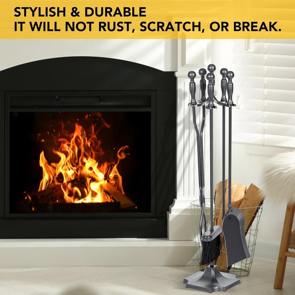 5 Pieces Fireplace Tools Set, Wrought Iron with Silver Pattern Fireplace Accesso