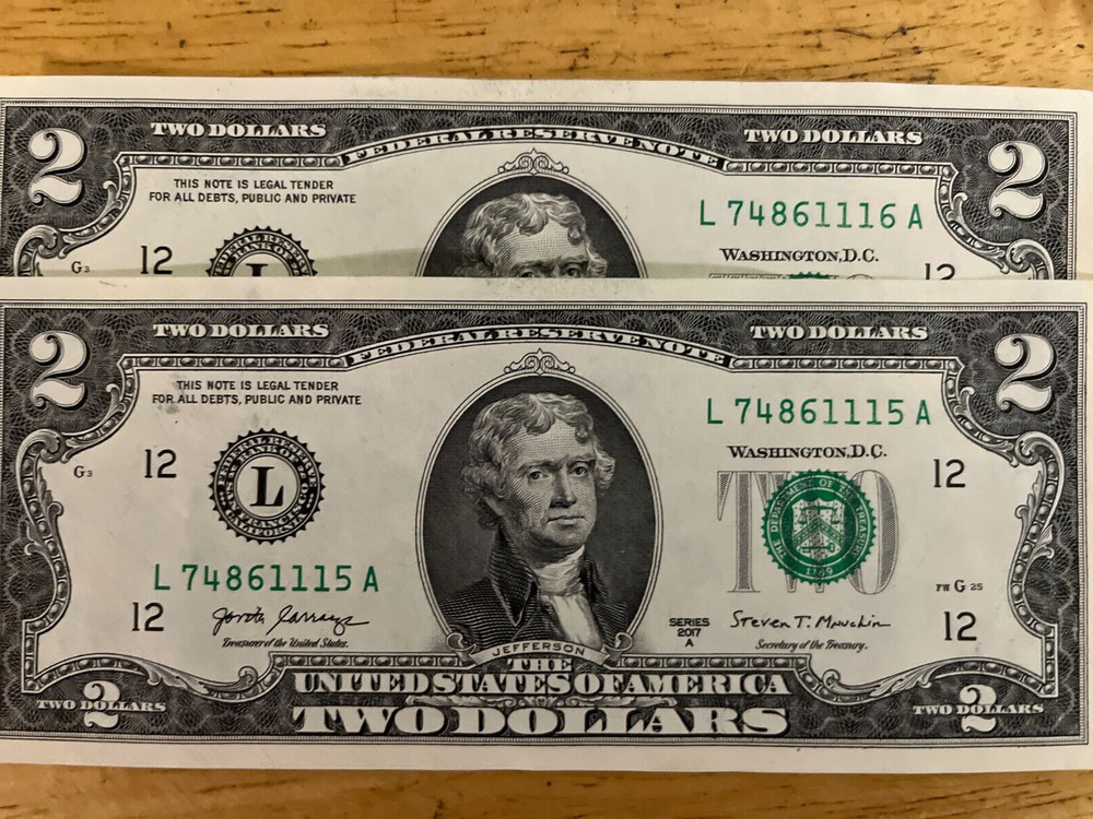 (2) 2017A $2 bills in (sequence)