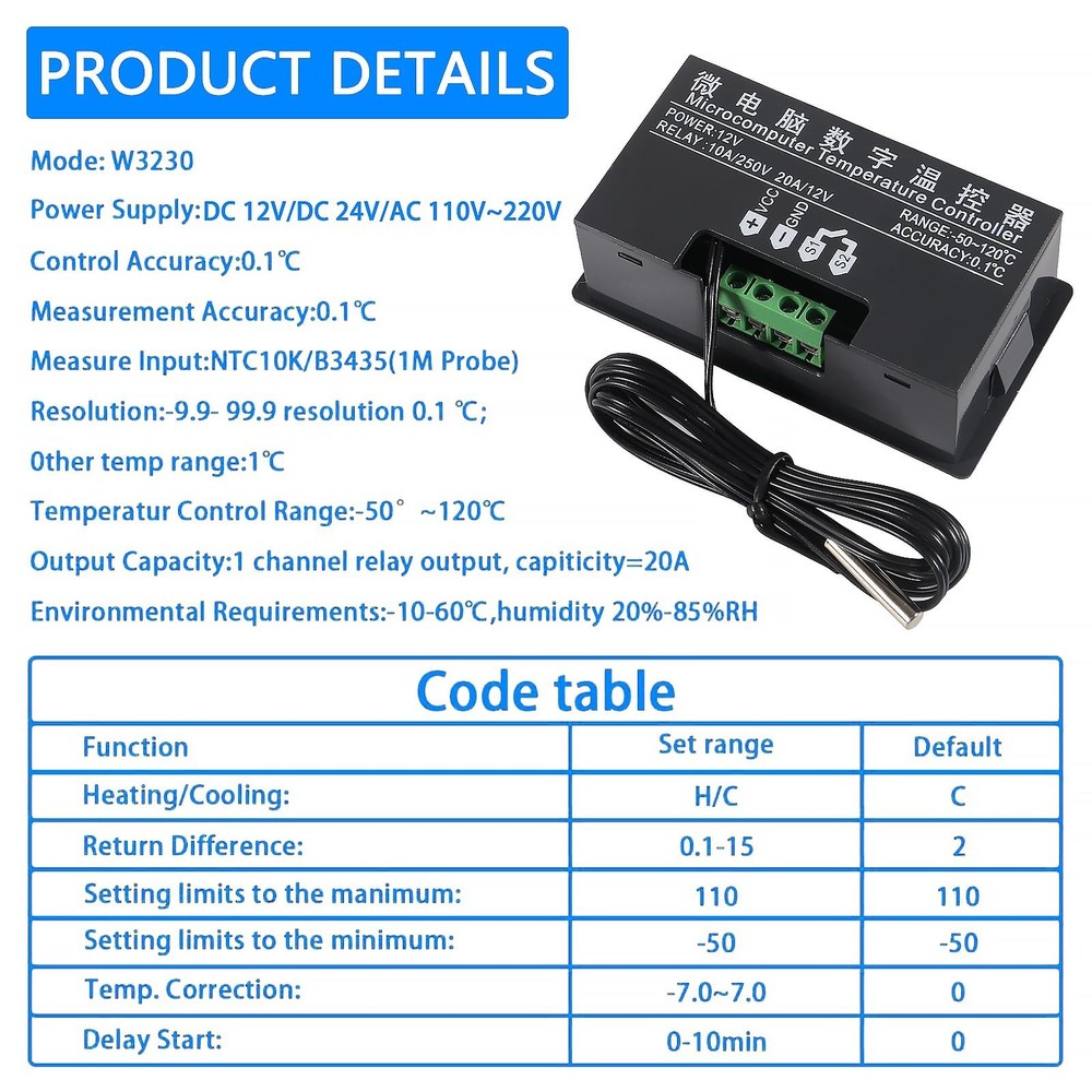 2pcs Digital Temperature Controller W3230 Digital LED Thermostat Switch with ...