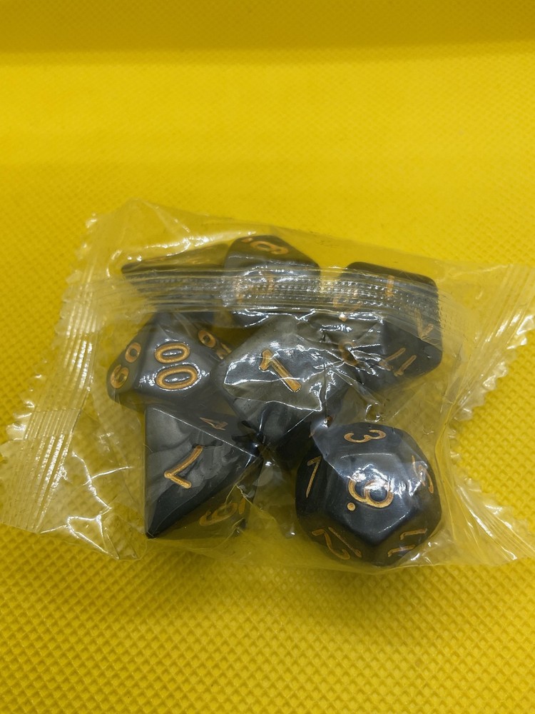 7pc Polyhedral RPG Dice Set Black Gray Swirl Gold Numbered Tabletop Dice Bag
