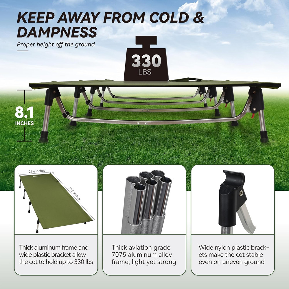 Compact Lightweight Folding Camping Cot Bed - Easy Setup, 330Lbs Capacity