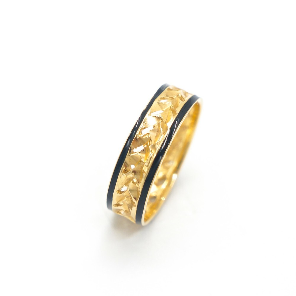 Solid 14k Yellow Gold Hawaiian Maile Leaf Scroll 5mm Black Enamel Edge Ring