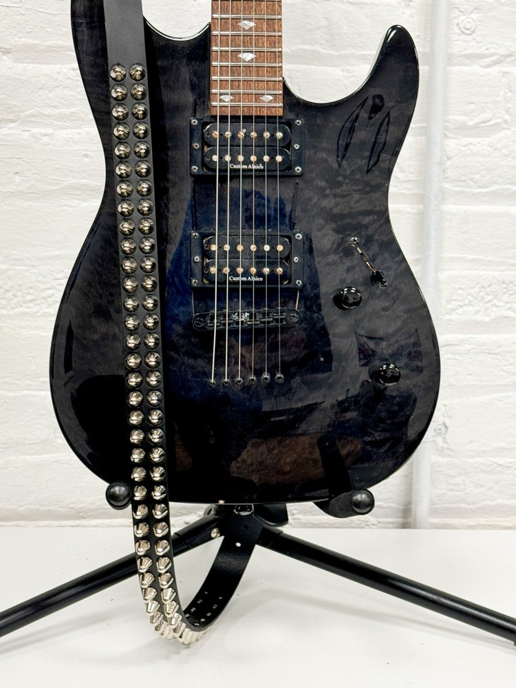 UK77 Conehead Studded Guitar Strap Pyramid Stud Genuine Black Leather Handmade