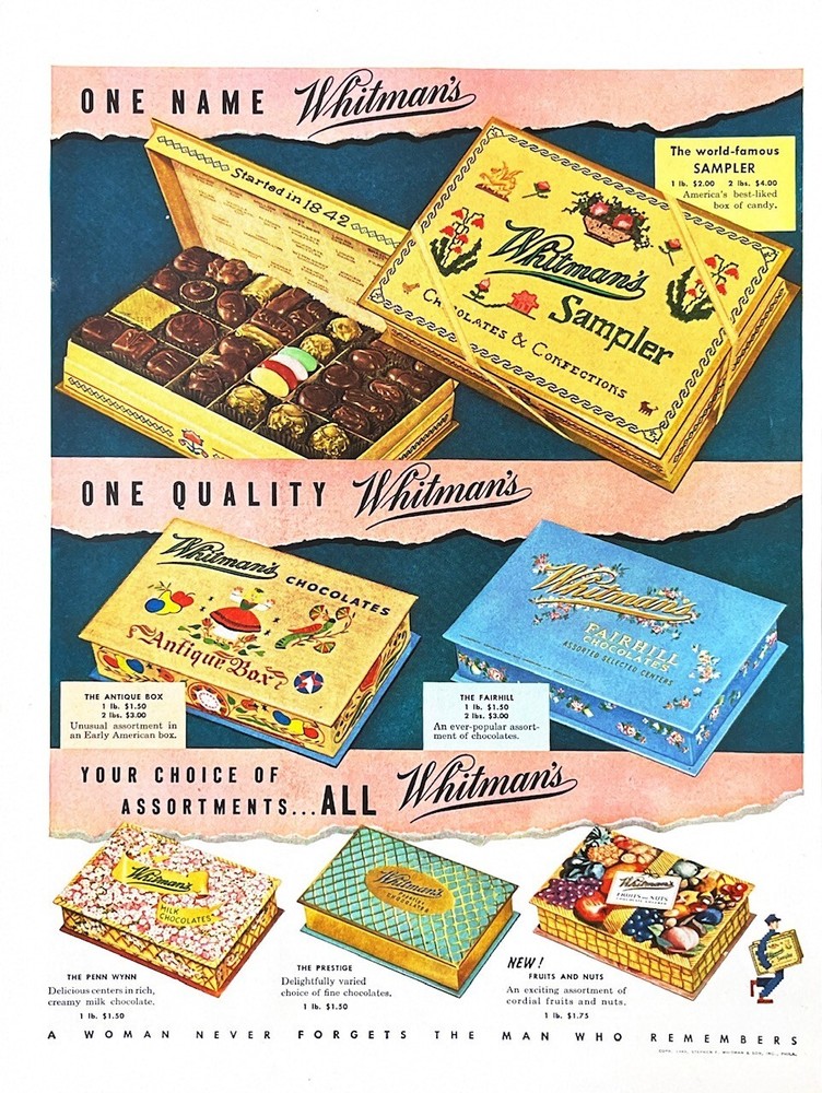 1949 WHITMAN'S SAMPLER Genuine Vintage Print Ad Chocolate Candy
