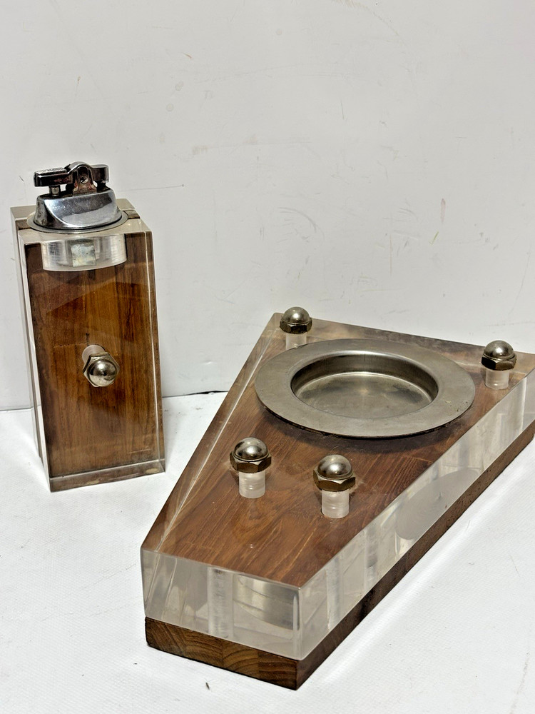 MCM Coaster Ash Tray & Table Lighter Clear Thick Plastic Teak Wood Set