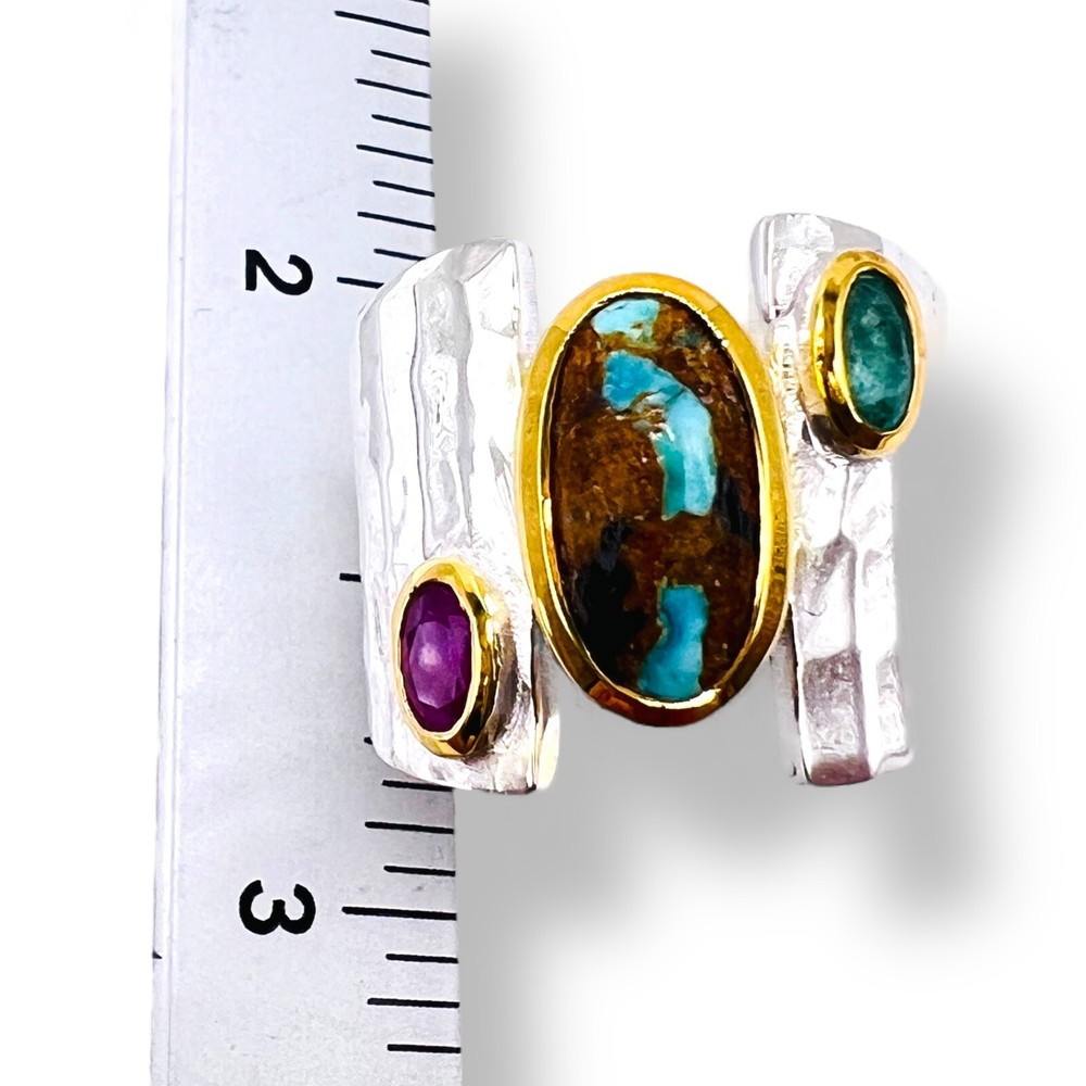 Two Tone Sterling Silver Blue Turquoise Emerald Ruby Ring Handmade -6500
