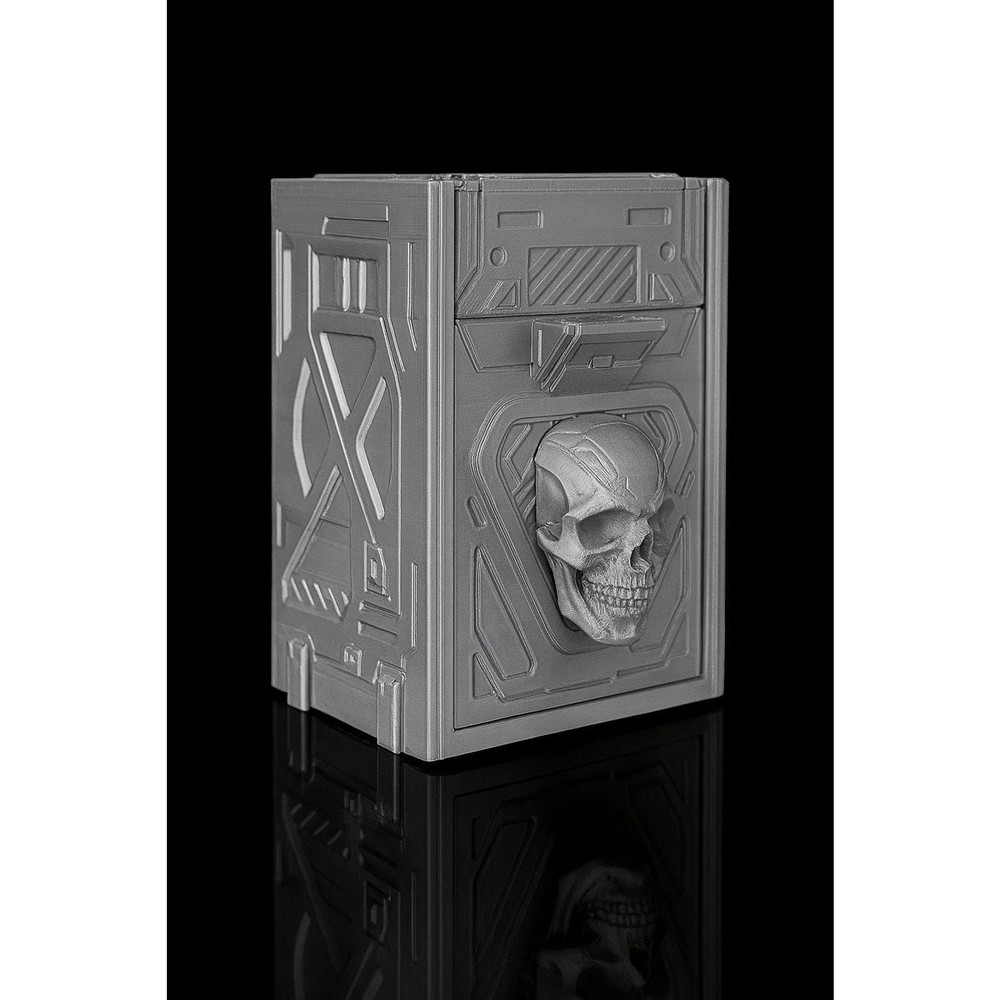 Core Decay Deck Box, futuristic skull sci-fi design, dice tray