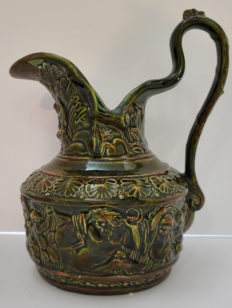 Vintage Glazed Olive Green Ceramic Canagalli Type Pitcher