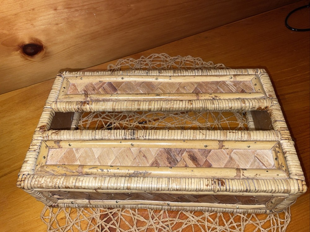 Vintage Tissue Box Cover Holder Bamboo Rattan Wicker Coastal Boho Rectangular