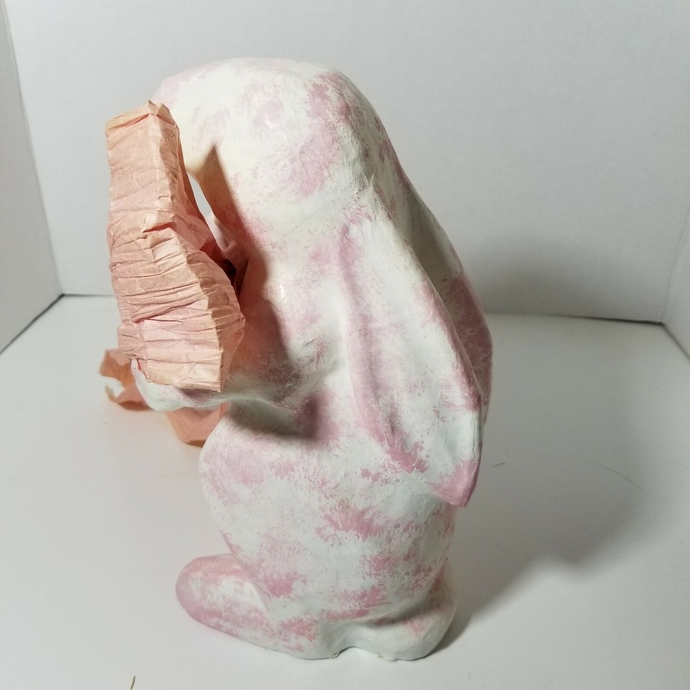 Pink White Paper Mache Bunny With Big Raffia Bow Easter Spring