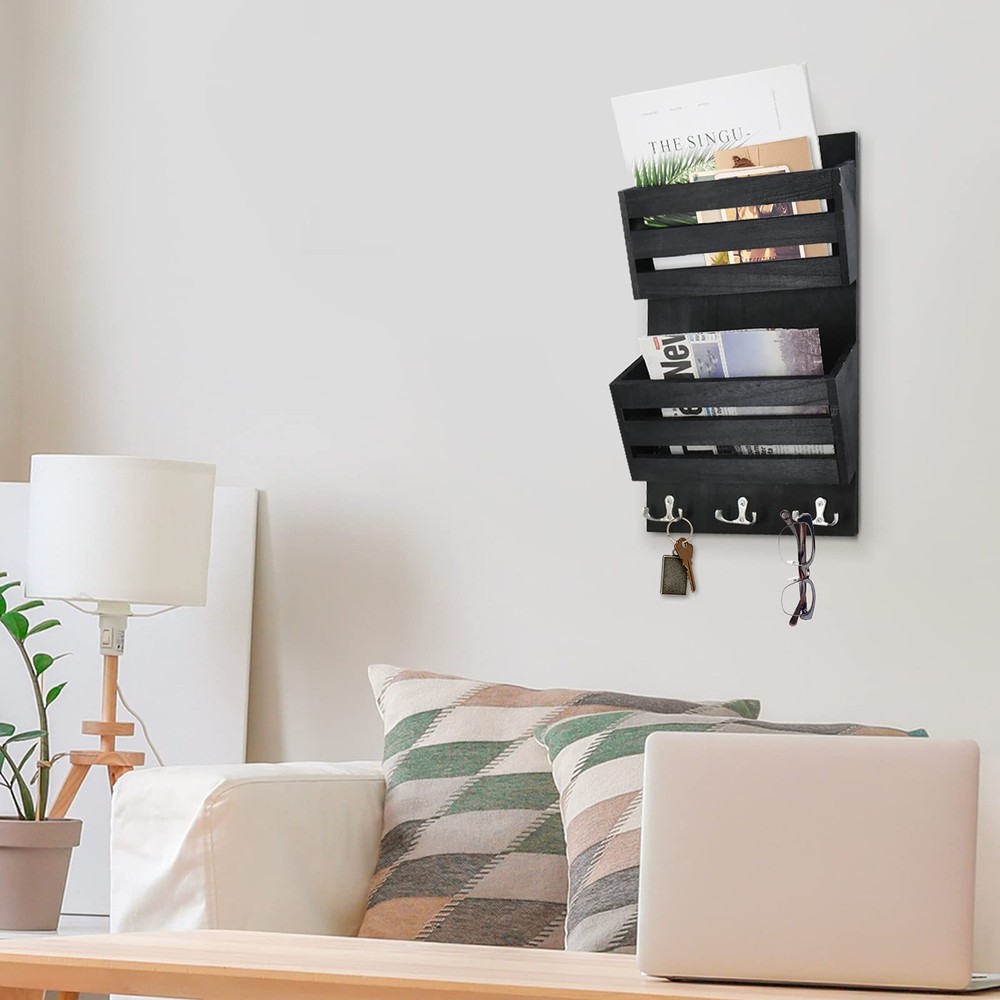 Rustic Mail Organizer Wall Mount with 4 Key Hooks,Mail Holder Wall Mounted，Ha...