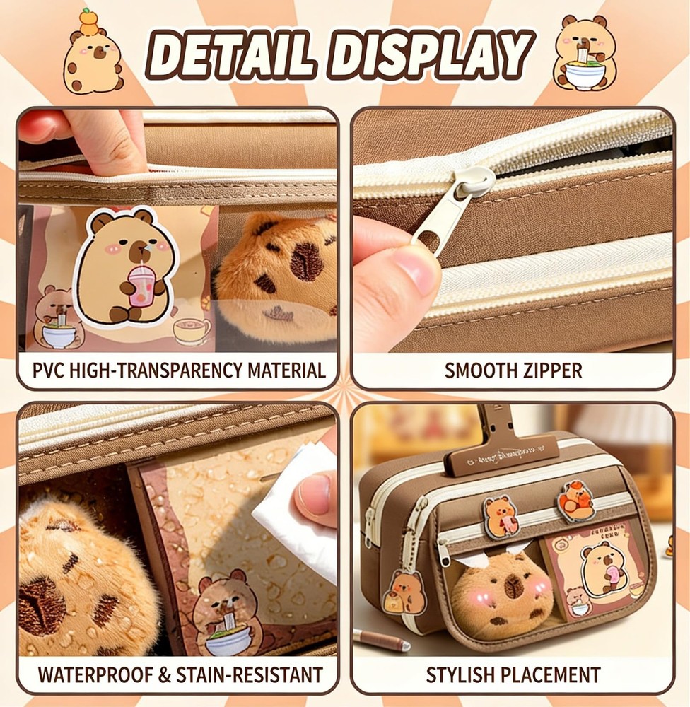 Cute Capybara Pencil Case, Kawaii Pouch Large Capacity Multi-layers, White