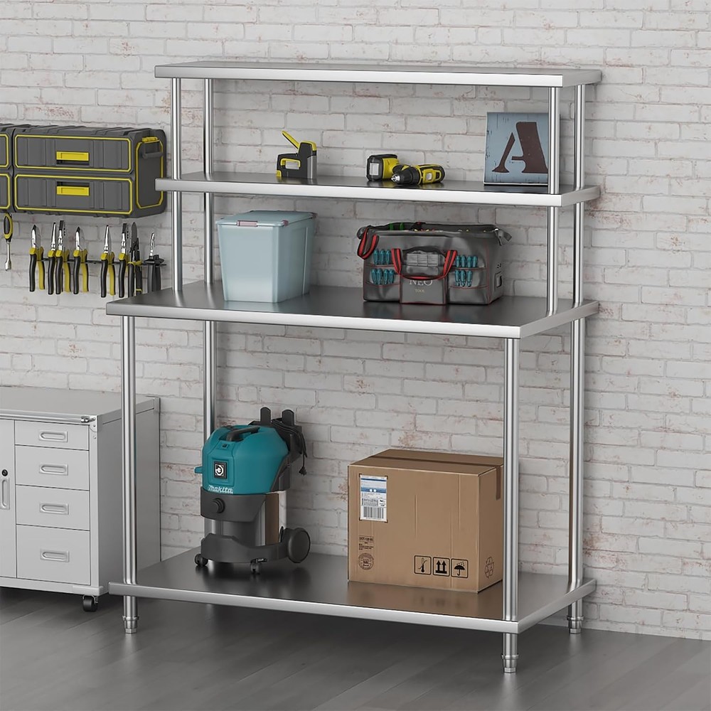 48" x 24" Stainless Steel Worktable, Kitchen Prep Table with 2 Tier Overshelves