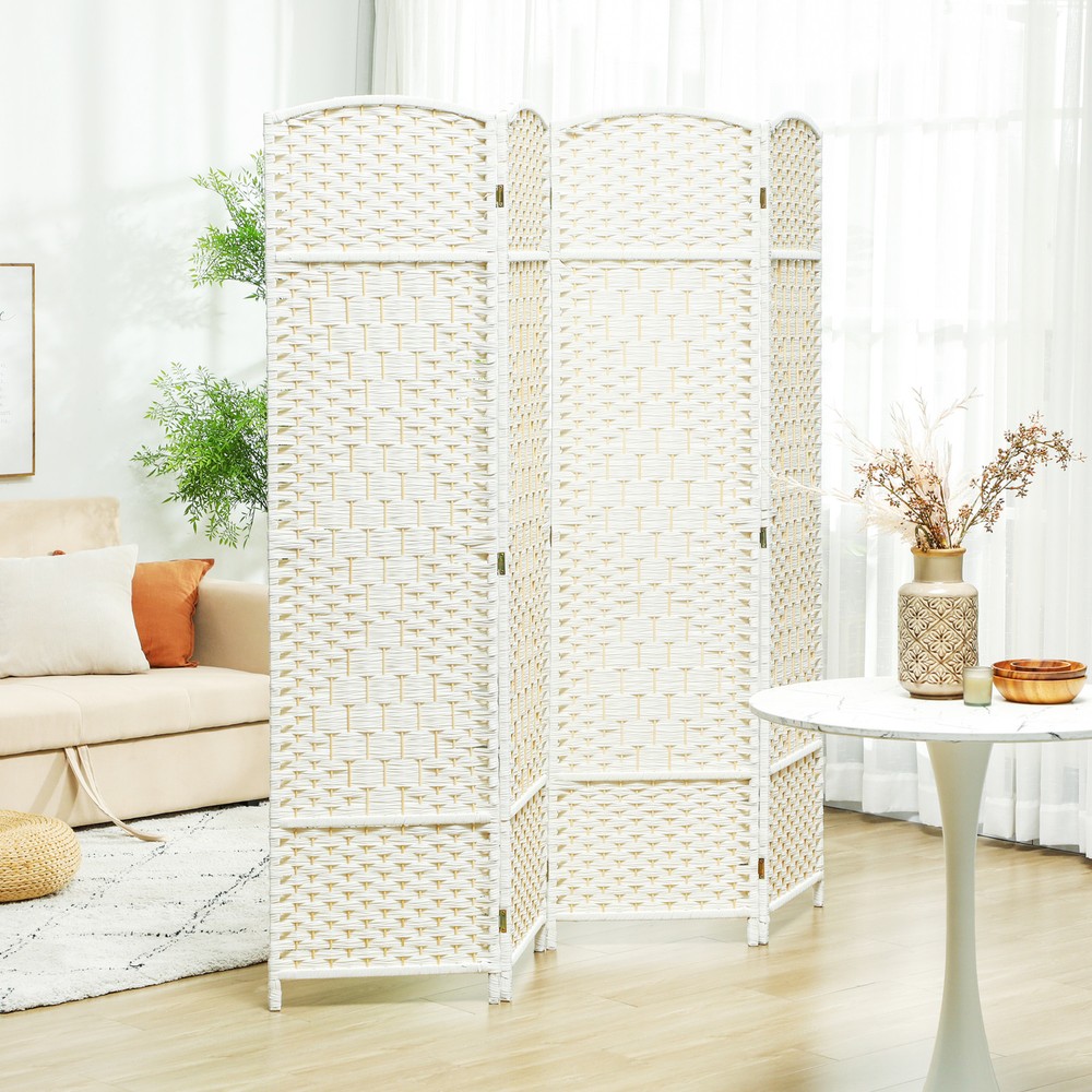 4 Panel Room Divider Hand-Woven Freestanding Partition, White