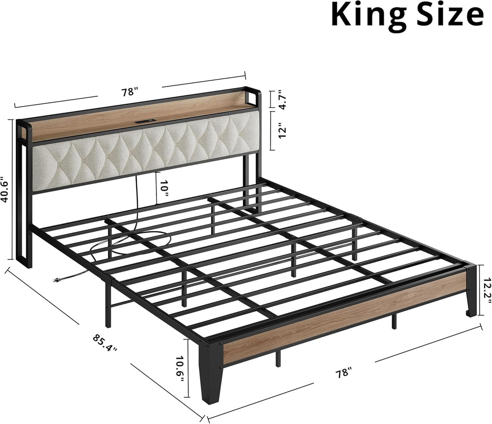 King Bed Frame, Storage Headboard with Charging Station, Platform Bed Frame with