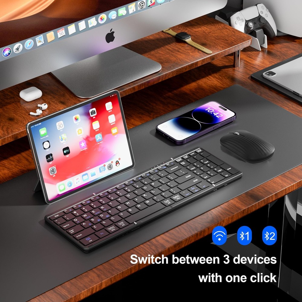 Portable Foldable Keyboard and Mouse Combo,Dual Mode Bluetooth×2+2.4G Wirel
