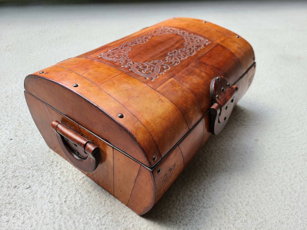 Gorgeous Leather Trunk with Rounded Hand-Tooled Cover