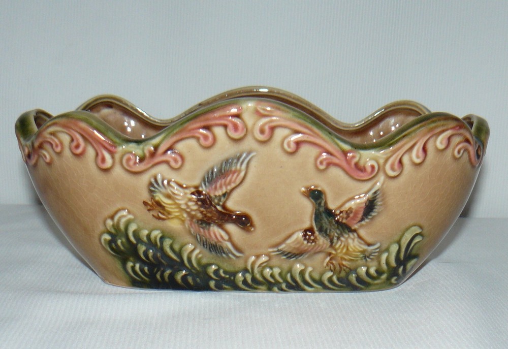 Vintage Square Oval Ruffle 9" Long Planter Crackle Ceramic Ducks In Flight