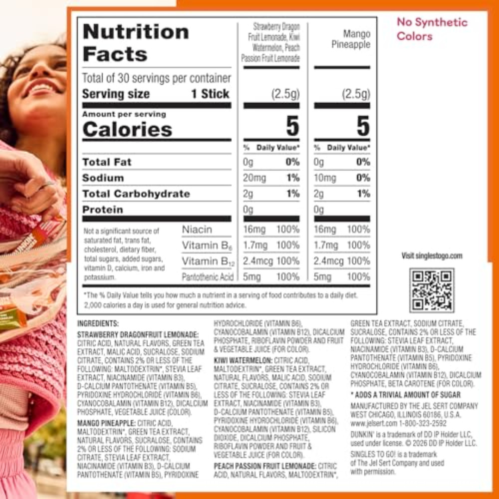 Dunkin’ Zero Sugar Refreshers Singles To Go! Powdered drink mix packets, 30 Ct V