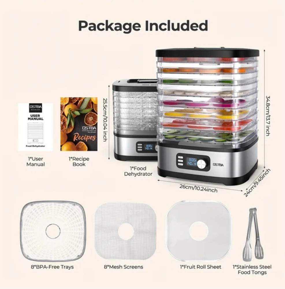 8-Tray Food Dehydrator, 72H Timer & Temp Control , Includes 8 Mesh Sheet