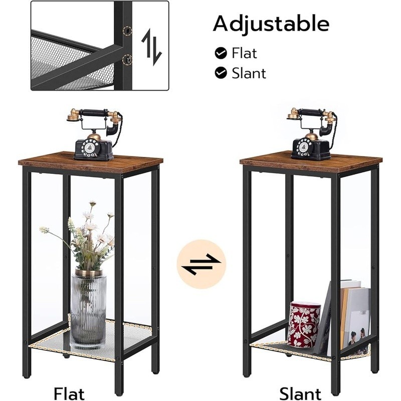 Tall Side Table Nightstand Small Space Adjustable Shelf Rustic Industrial New