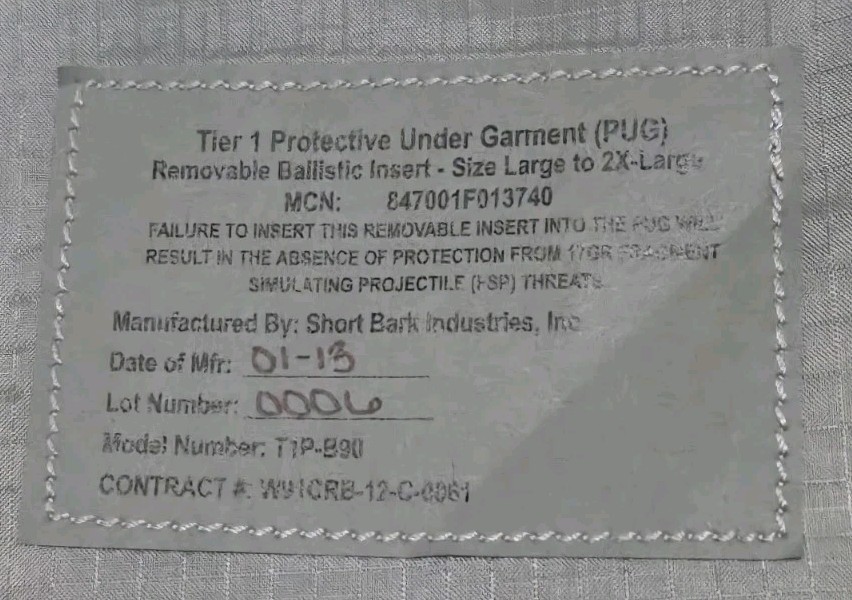 Tier 1 Protective Under Garment (PUG) Removable Ballistic Insert PAIR / L - 2 XL