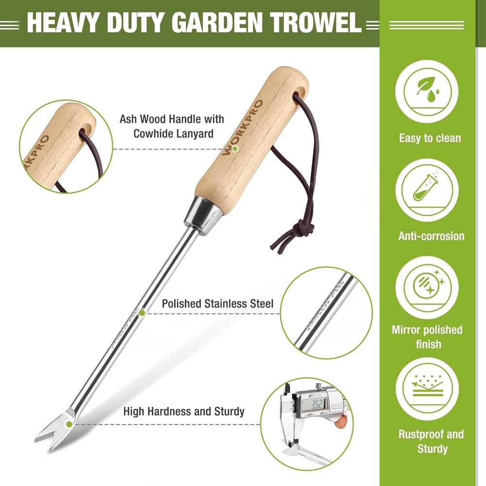 WORKPRO Dandelion Weeder Puller Tool with Wood Handle, Polished Stainless Steel