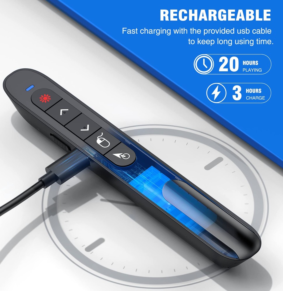 Wireless Presenter Remote with Air Mouse Control, Rechargeable USB Presentati...