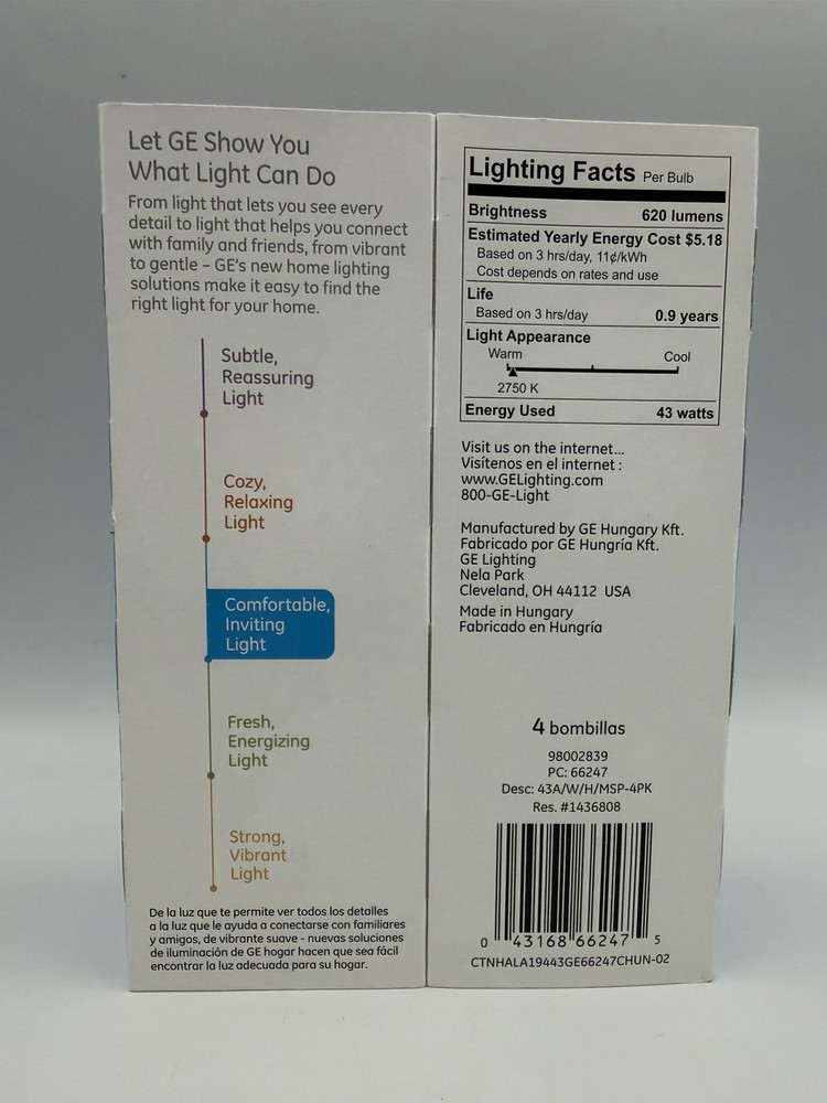 GE Soft White OLD STYLE Bulbs 60W Replacement 43W A19 Warm Light 4 Pack NOS