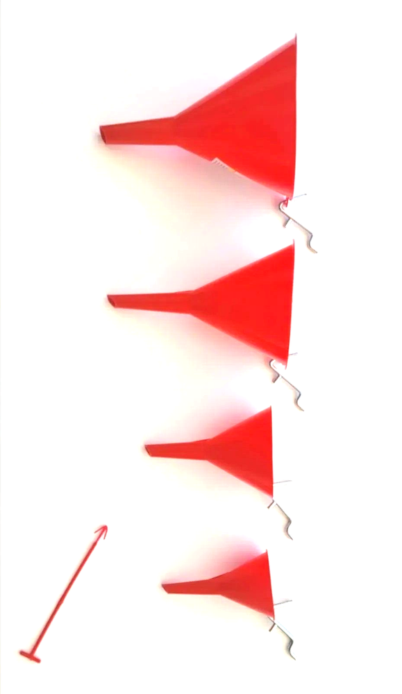 Funnel Set 4pc 2",3"4" and 5" diameter Funnels. With 4 Chromed Hanging Hook