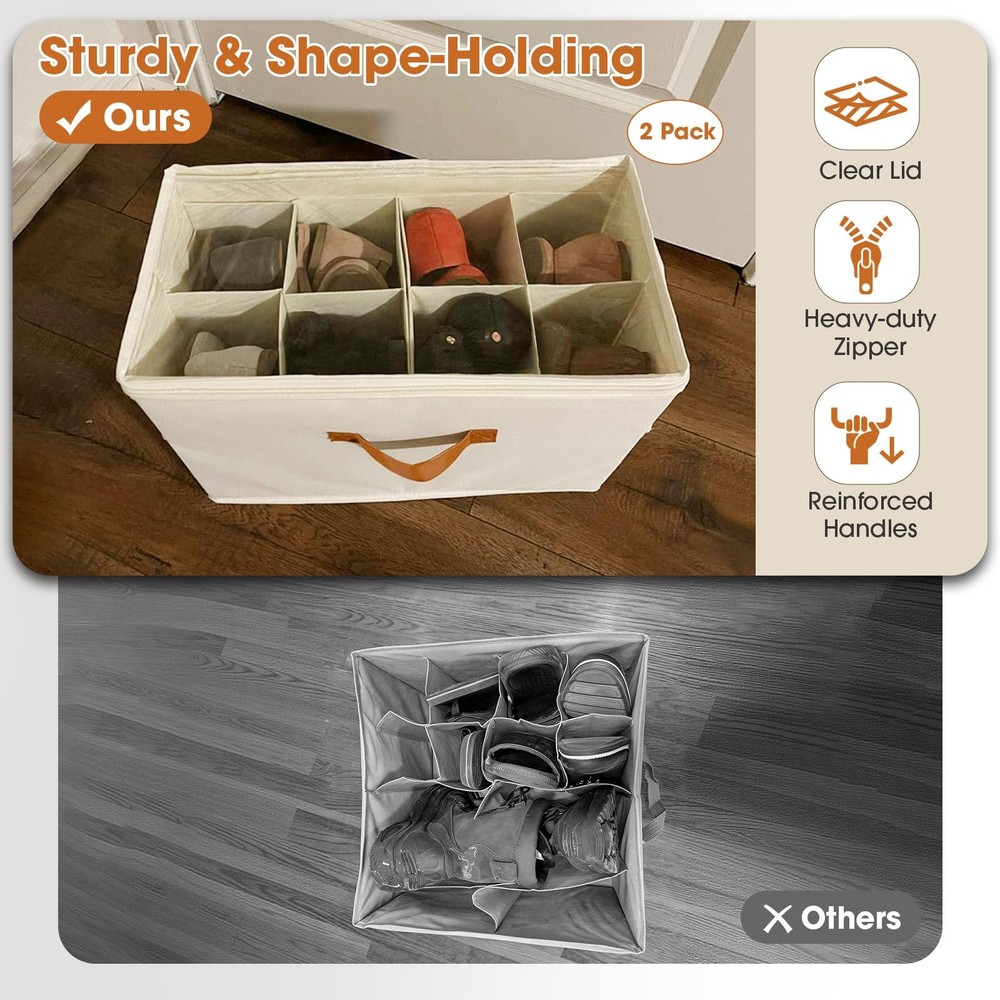 Shoe Organizer for Closet, 2-Pack Foldable Shoe Storage with Adjustable Divid...