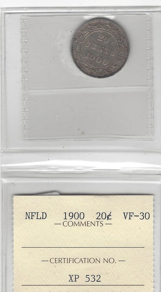 1900 ICCS Graded Newfoundland, Twenty Cent **VF-30**