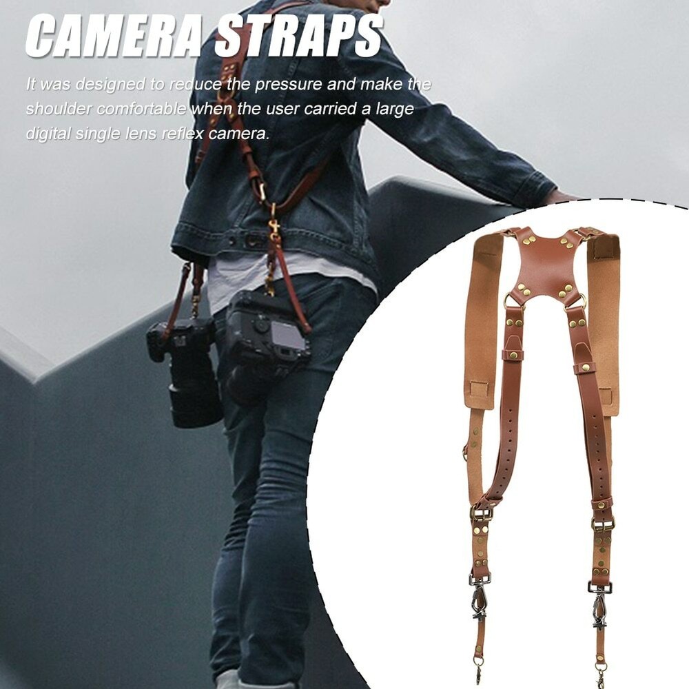 Camera Brown Strap Dual Shoulder Leather Harness Multi Gear Adjustable Belt