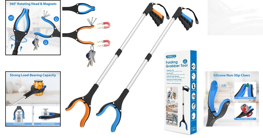 2-Pack 34” Grabber Pickup Tool - Enhanced Grip & Folding Design