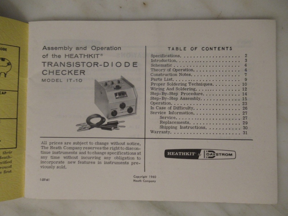 HEATHKIT MODEL IT-10 TRANSISTOR DIODE CHECKER MANUAL - ORIGINAL