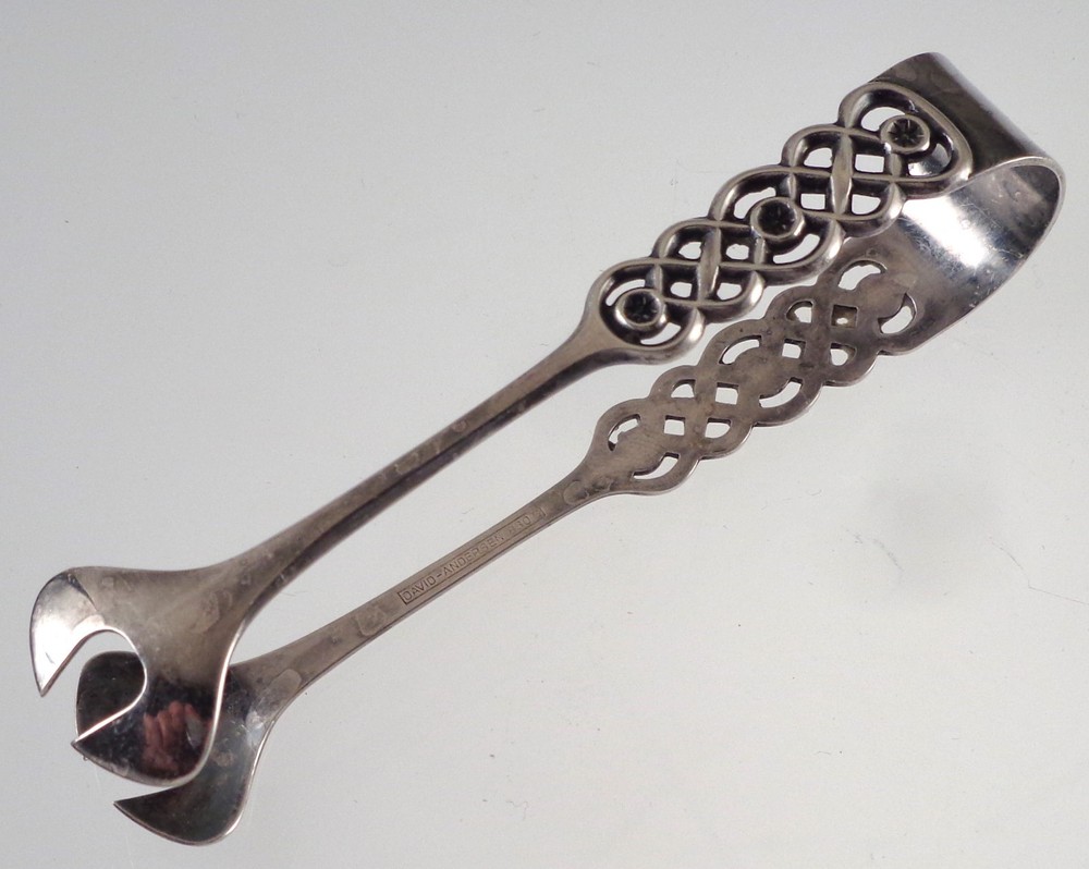 Vintage Signed David Andersen Norway 830S Silver Sugar Tongs Ringebu Pattern