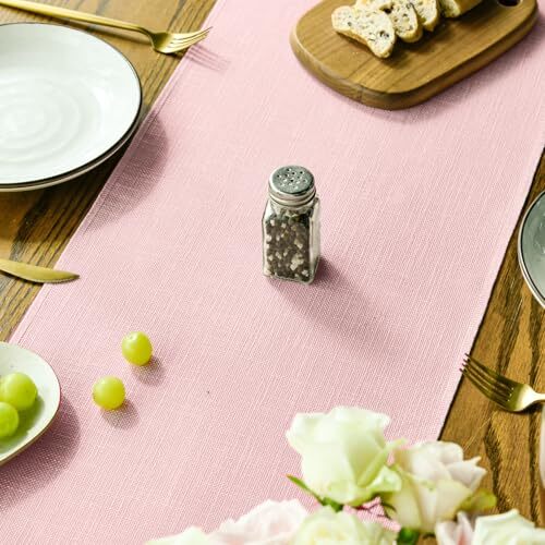 Tassel Table Runner, Linen Blend Rustic 13" x 48", Table Runner Blush Pink