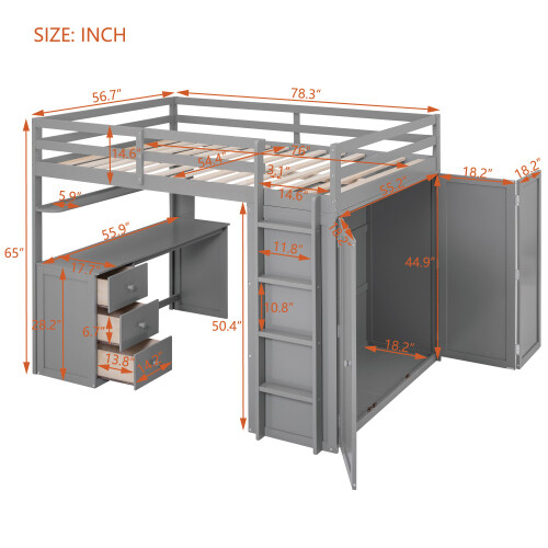 Twin Full Size Loft Bed with Desk Wardrobe Storage Cabinet Solid Wood Bed Frames
