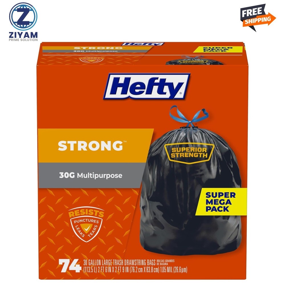 Hefty Strong Large Trash Bags, Black, 30 Gallon, 74 Count