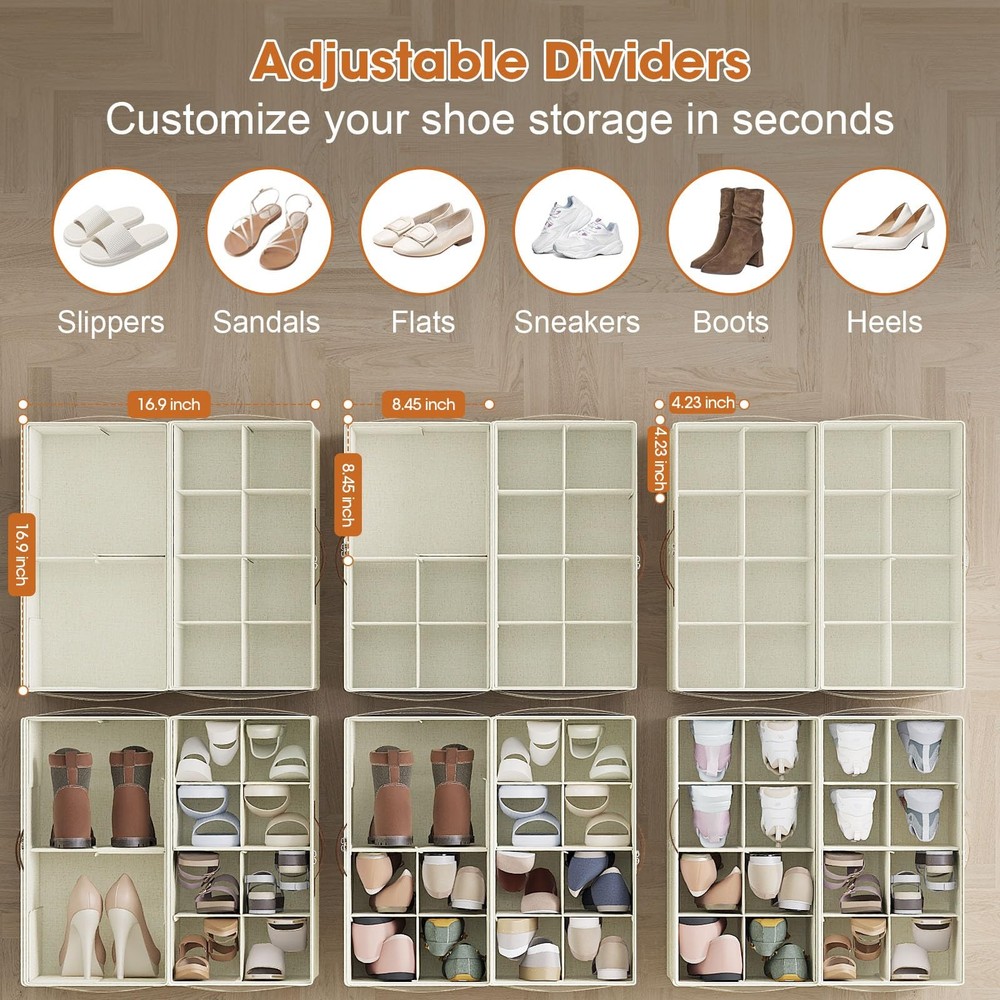Shoe Organizer for Closet, 2-Pack Foldable Shoe Storage with Adjustable Divid...