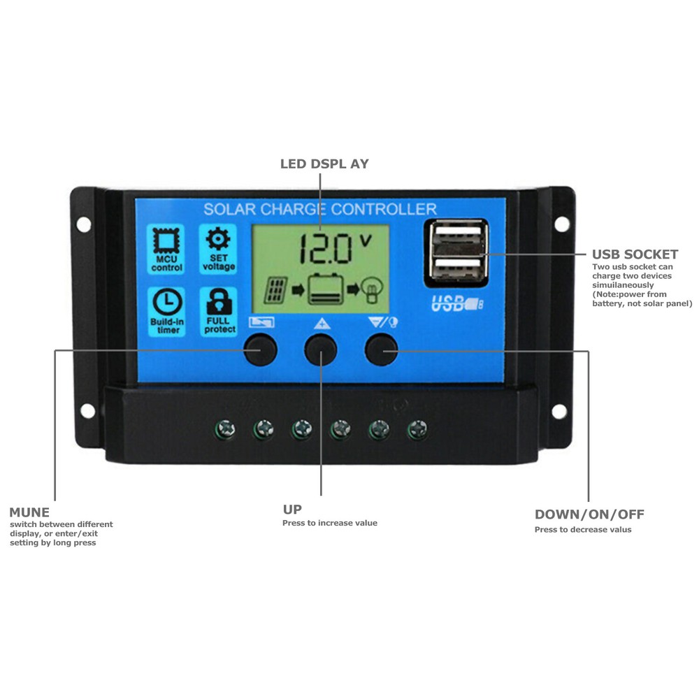 60A 12V/24V PWM Solar Panel Regulator Charge Controller Auto Focus Tracking