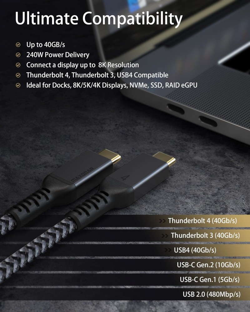 [2 Pack 6.6Ft] Thunderbolt 4 Cable, 240W Long Thunderbolt Cable 40Gbps Data S...