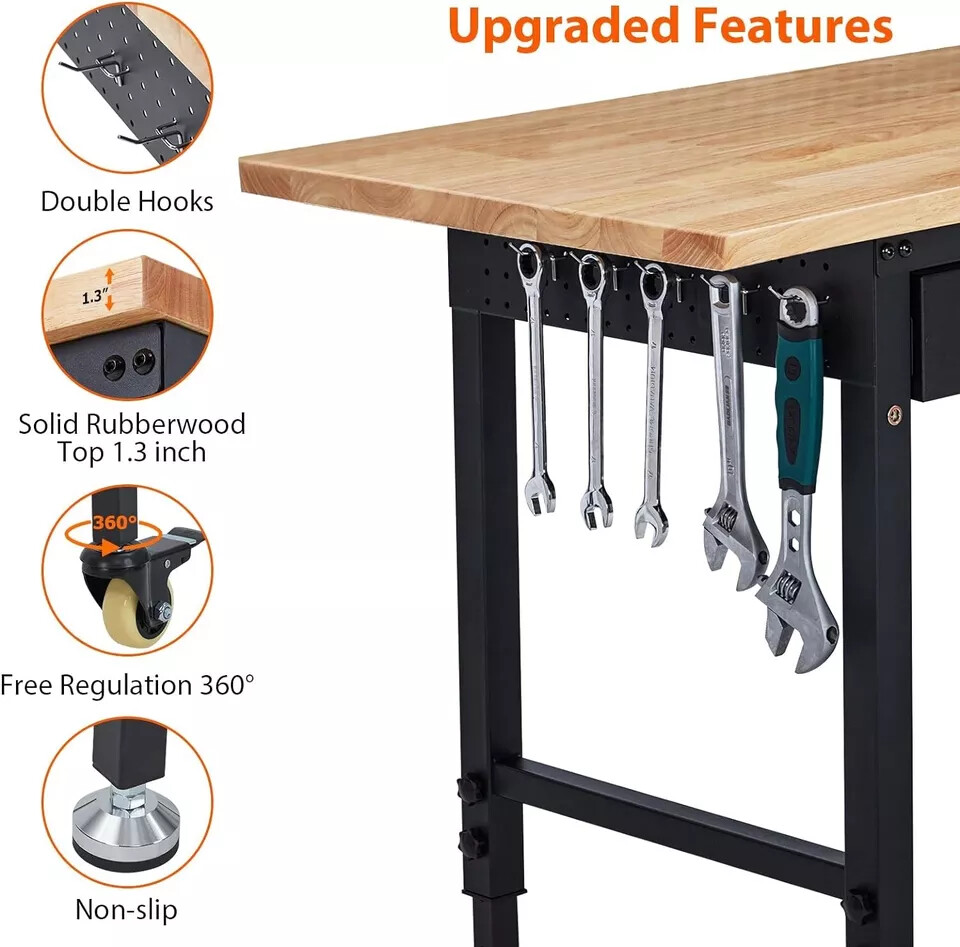 60"x22" Adjustable Height Workbench 2000 LBS Workstation With Drawer & Wheels