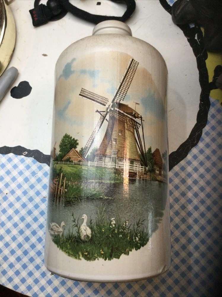 MKM Stoneware Bottle Hand Painted Windmill D.7 L EUC Ducks No Chips or Cracks