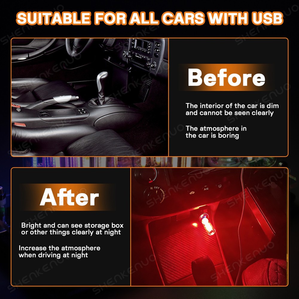 2Pcs Portable USB Night Light Bulb Touch Dimmable Car Interior Ambient Red