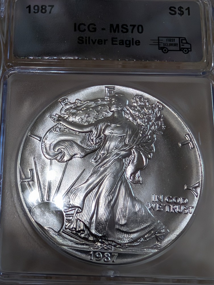 1987 * First Delivery $1 America Silver Eagle * Walking Liberty * ICG MS70