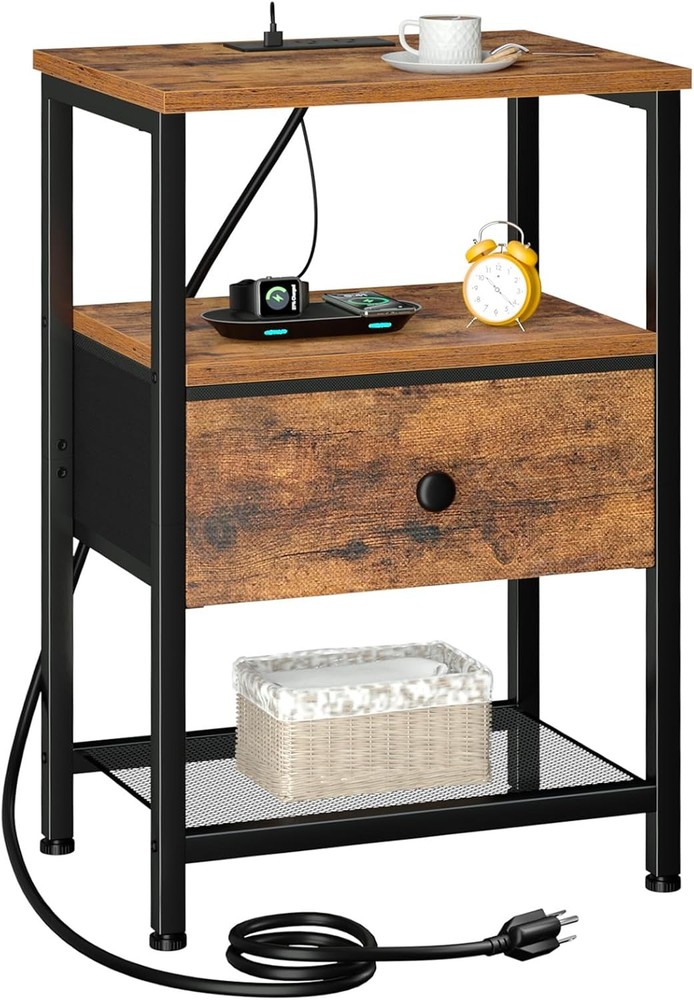 Night Stand with Charging Stat, Small Bedside Table with Fabric Der,