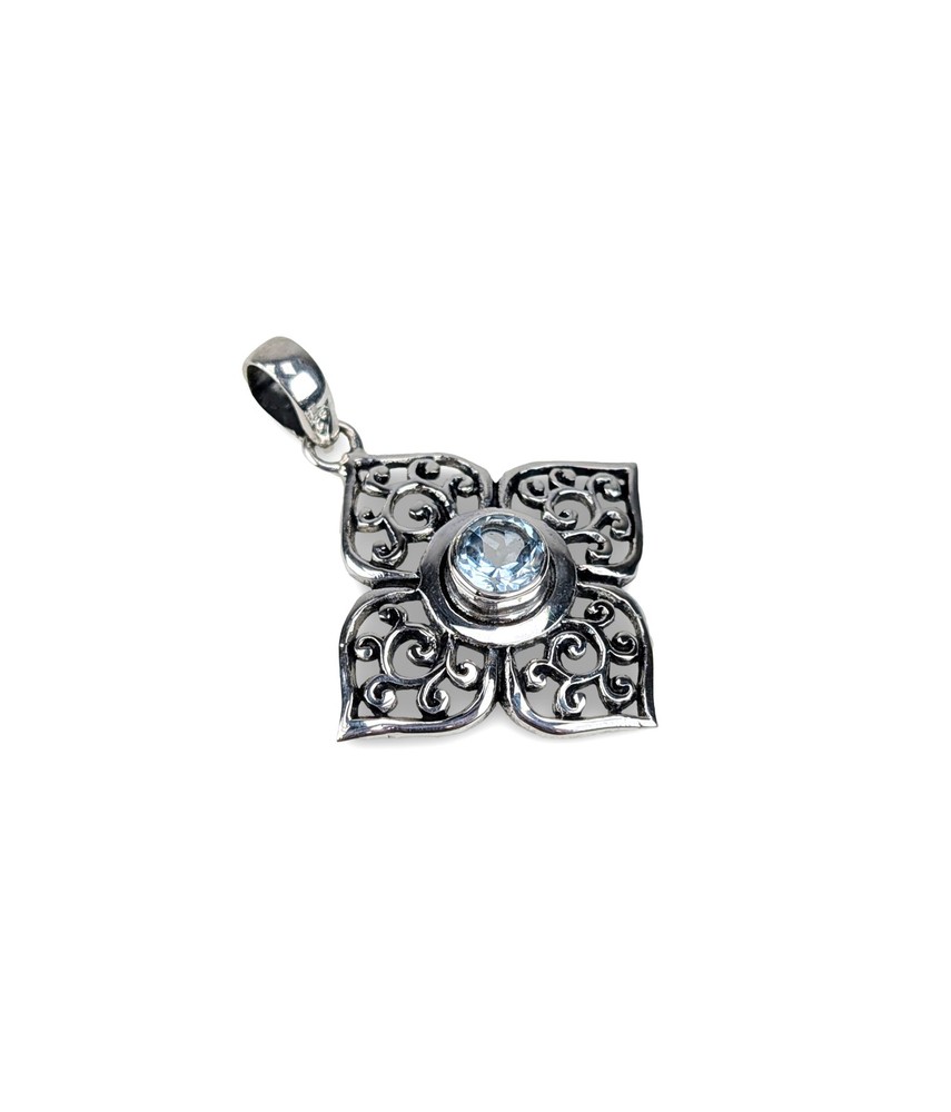 Blue Gemstone Pendant, Scrollwork Pendant, Ornate Silver Pendant